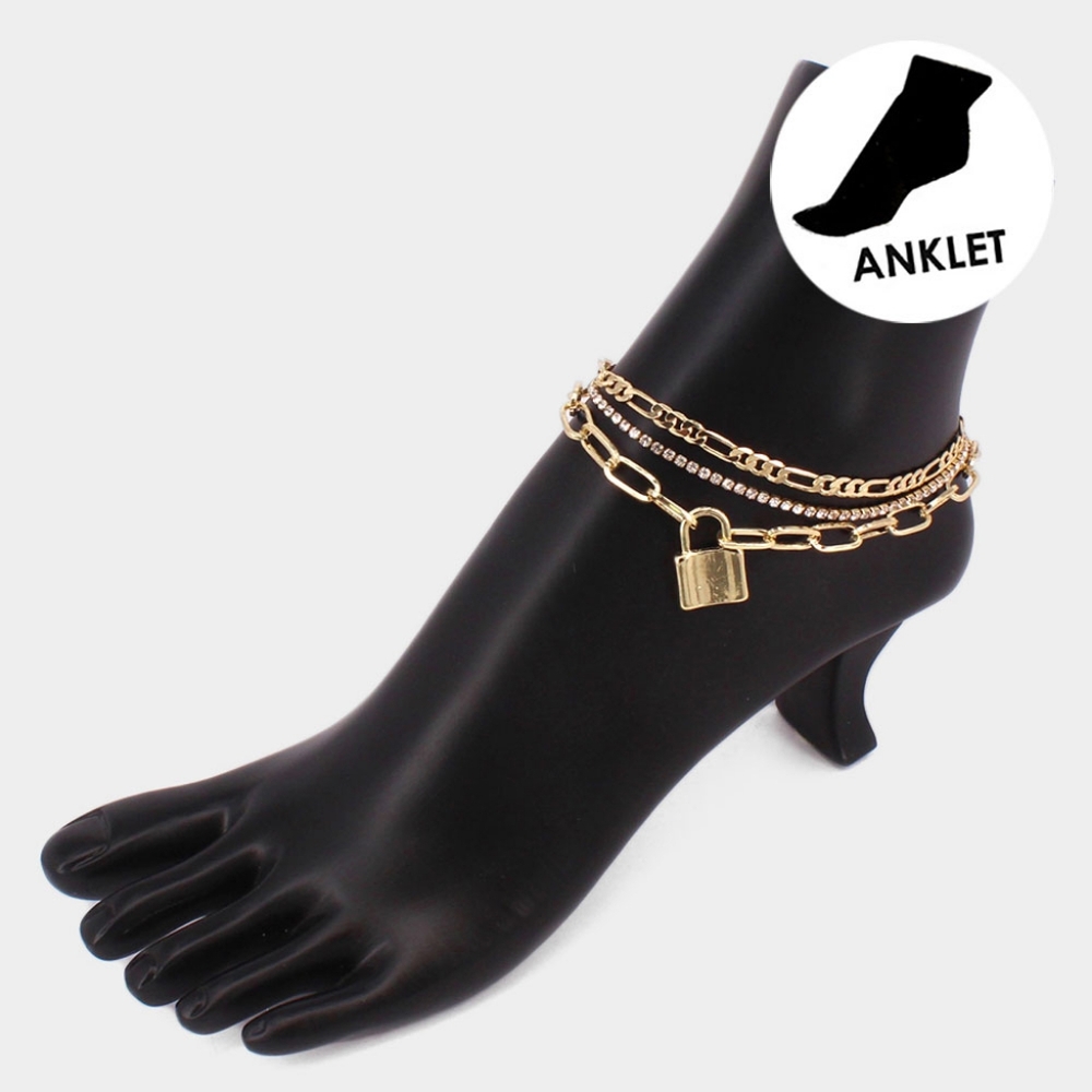 Gold Chain Lock Charm Pendant Multi Layered Anklet Metal Accessory